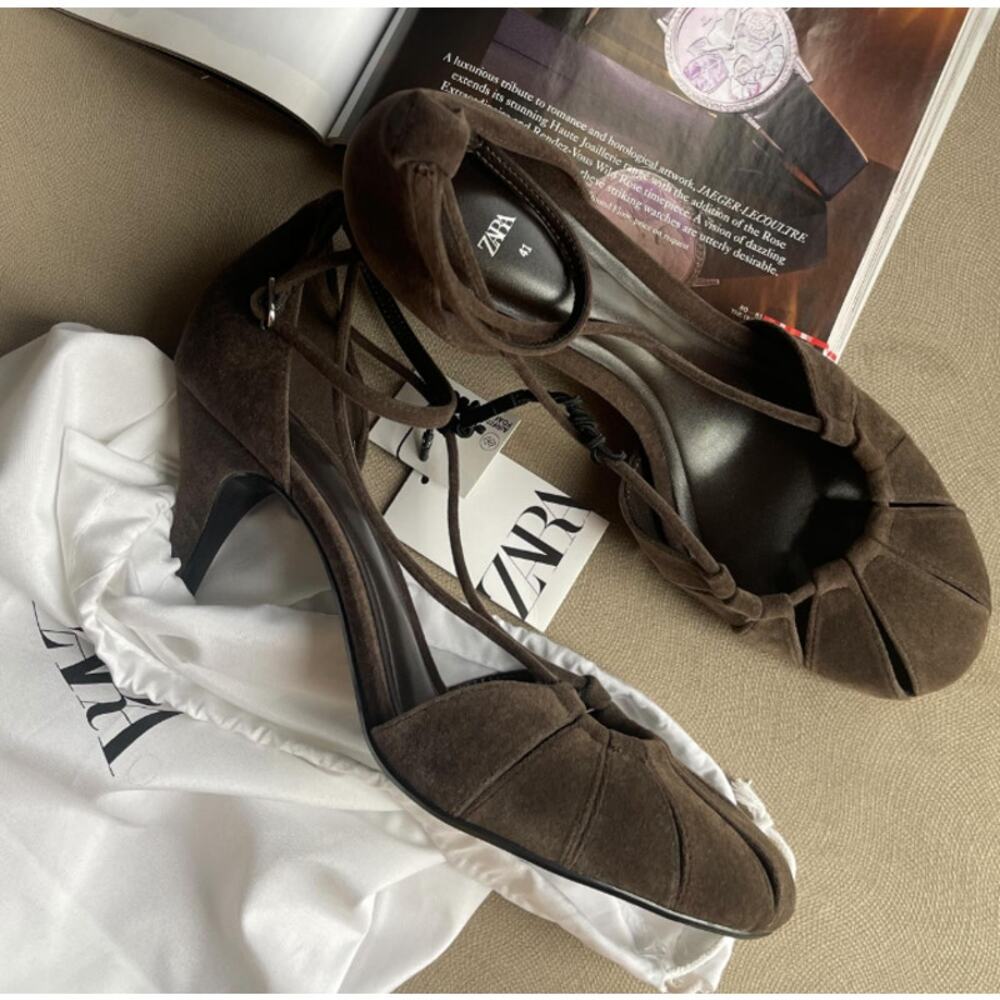 Zara NWT Brown Velvet Cross Strap Balletcore Heels 7.5 - Picture 7 of 16